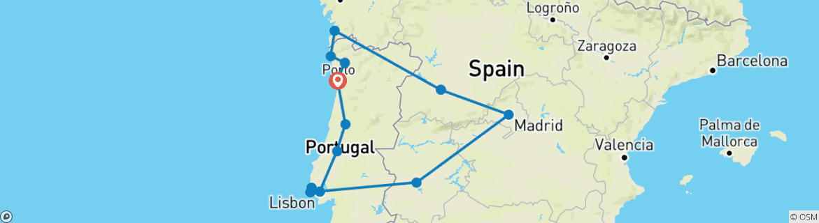 Image of a map showing the route of the tour