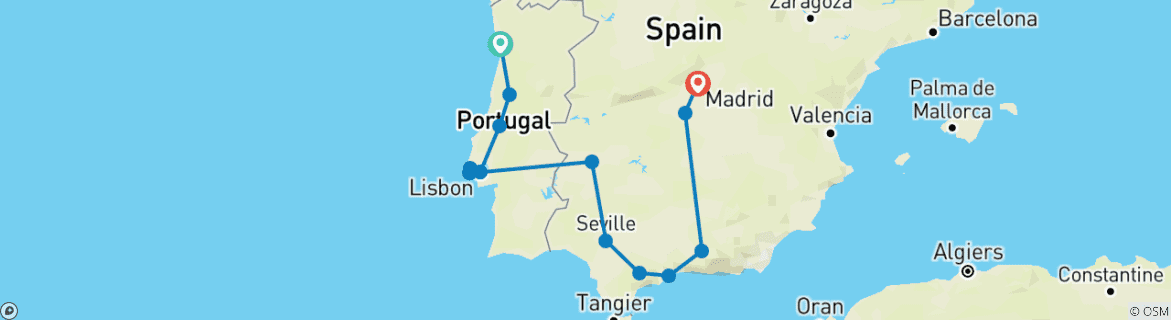 Image of a map showing the route of the tour
