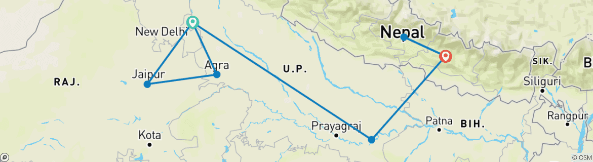Image of a map showing the route of the tour