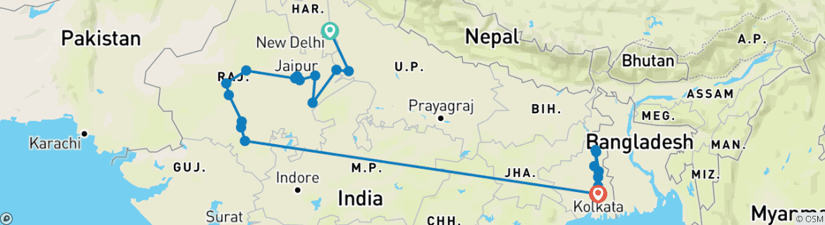 Image of a map showing the route of the tour