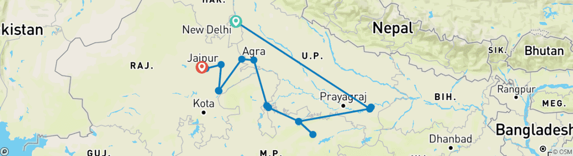 Image of a map showing the route of the tour