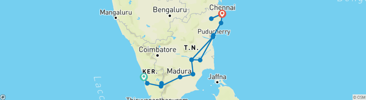 Image of a map showing the route of the tour