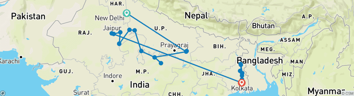 Image of a map showing the route of the tour