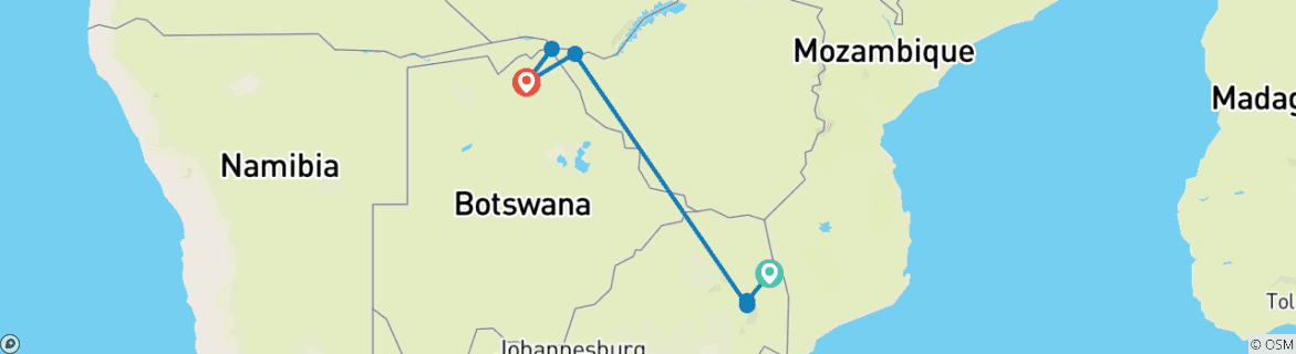 Carte du circuit Safari économique de 7 jours : Kruger, les chutes Victoria et Chobe
