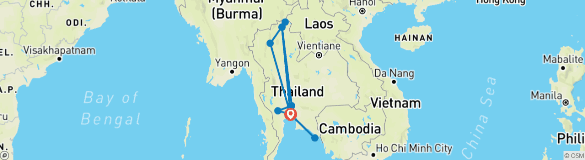 Image of a map showing the route of the tour