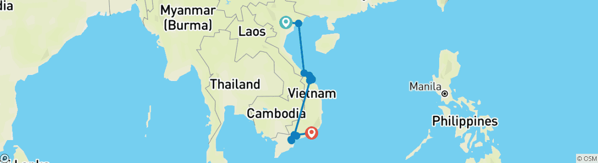 Image of a map showing the route of the tour