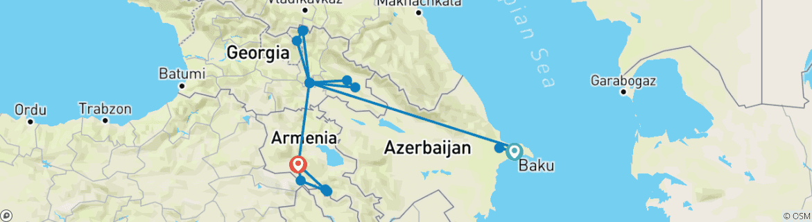Image of a map showing the route of the tour