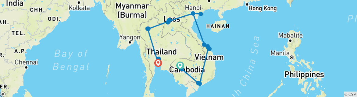 Image of a map showing the route of the tour