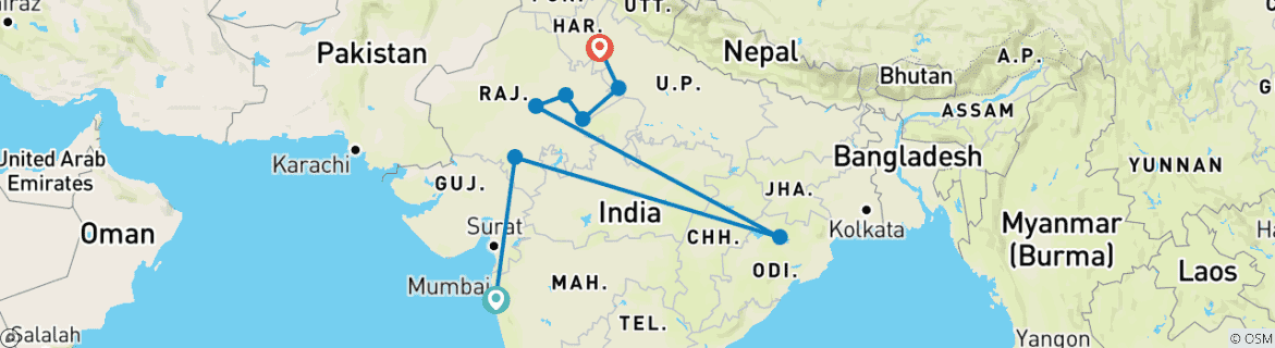 Image of a map showing the route of the tour