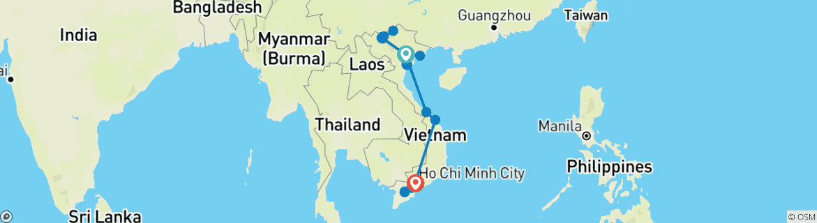 Image of a map showing the route of the tour