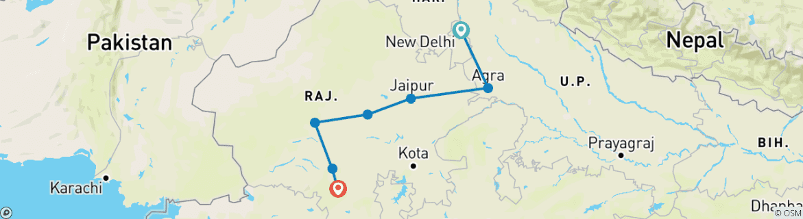 Image of a map showing the route of the tour