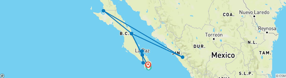 Image of a map showing the route of the tour