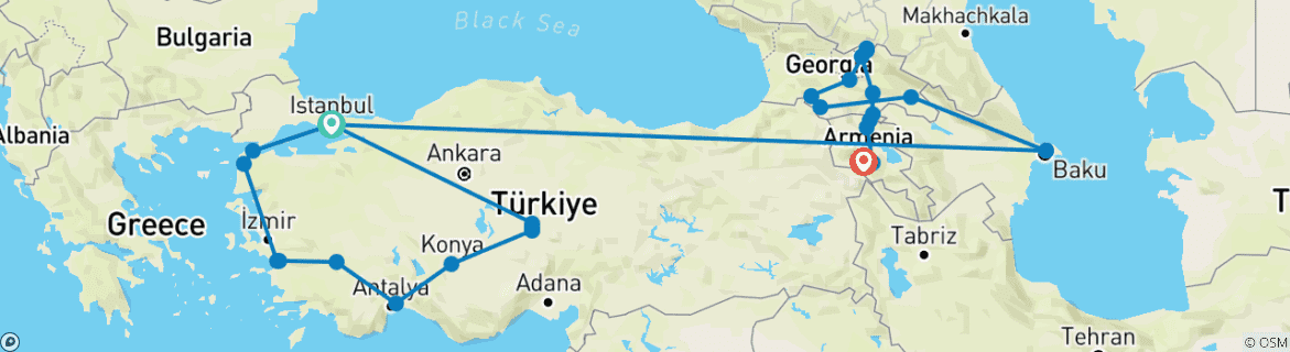 Image of a map showing the route of the tour