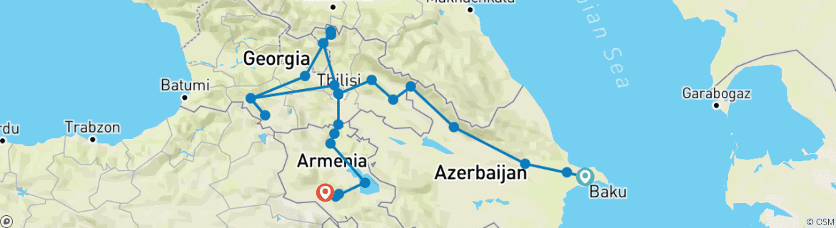 Image of a map showing the route of the tour