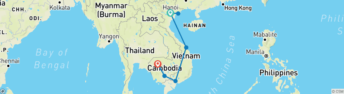 Image of a map showing the route of the tour