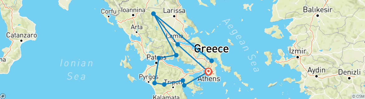Image of a map showing the route of the tour