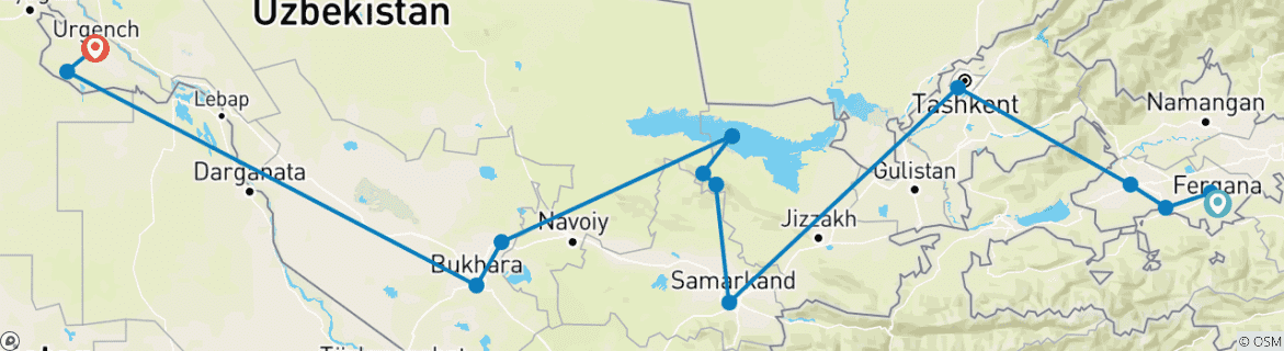 Image of a map showing the route of the tour