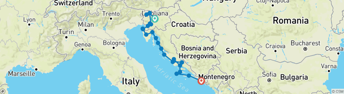 Image of a map showing the route of the tour