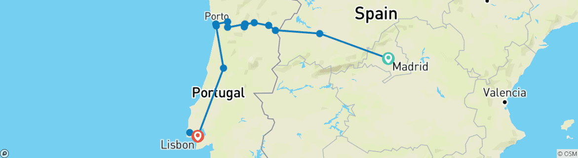 Image of a map showing the route of the tour