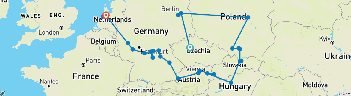 Image of a map showing the route of the tour
