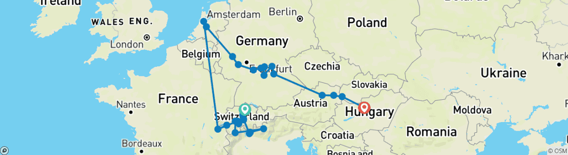 Image of a map showing the route of the tour