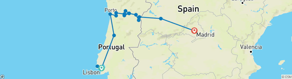 Image of a map showing the route of the tour