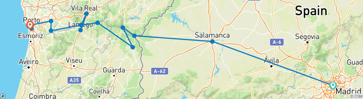 Image of a map showing the route of the tour