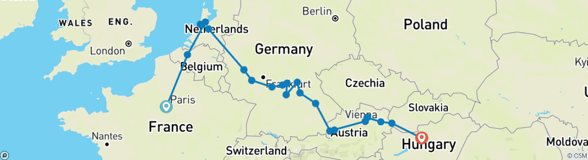 Image of a map showing the route of the tour