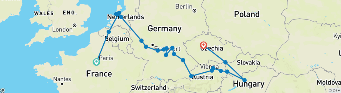 Image of a map showing the route of the tour