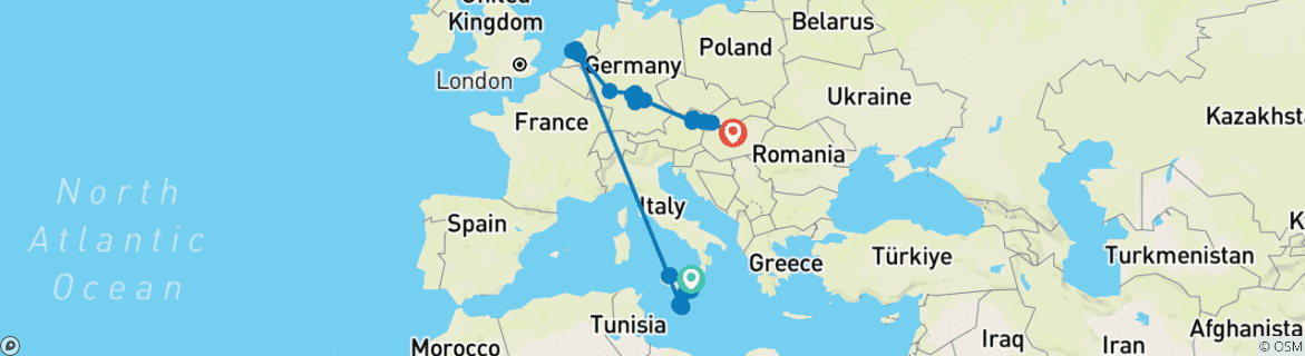 Image of a map showing the route of the tour