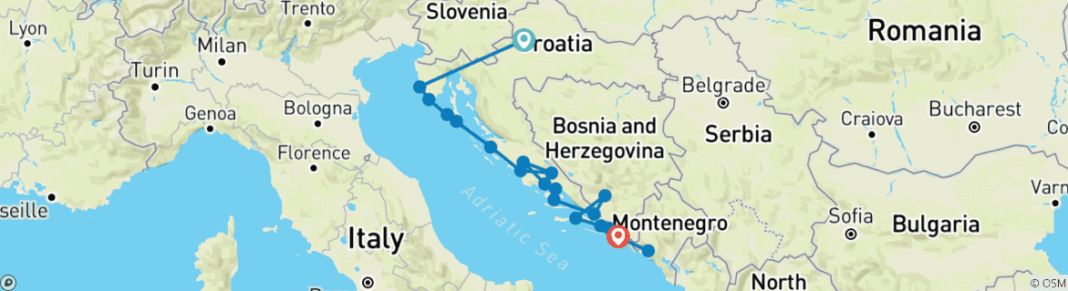 Image of a map showing the route of the tour