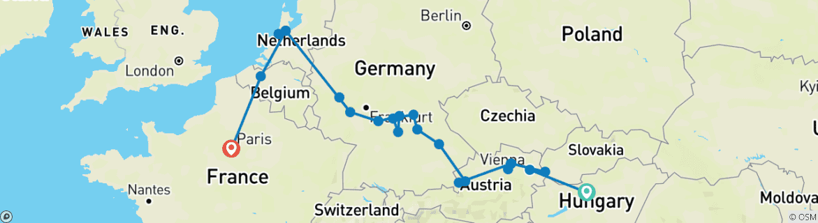 Image of a map showing the route of the tour