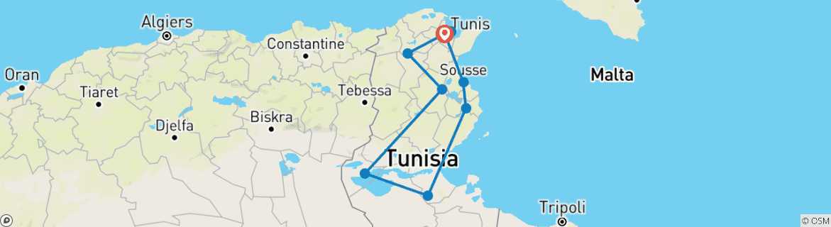 Image of a map showing the route of the tour