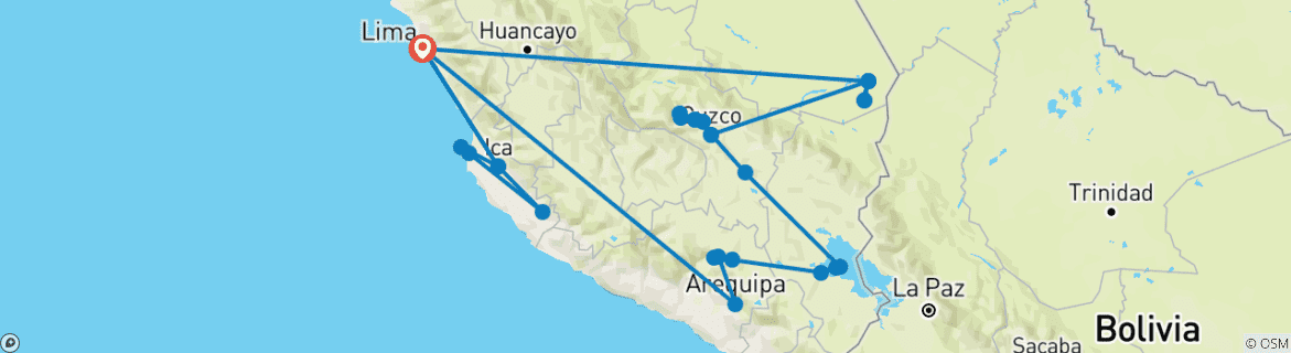 Image of a map showing the route of the tour