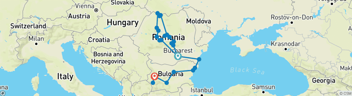 Image of a map showing the route of the tour
