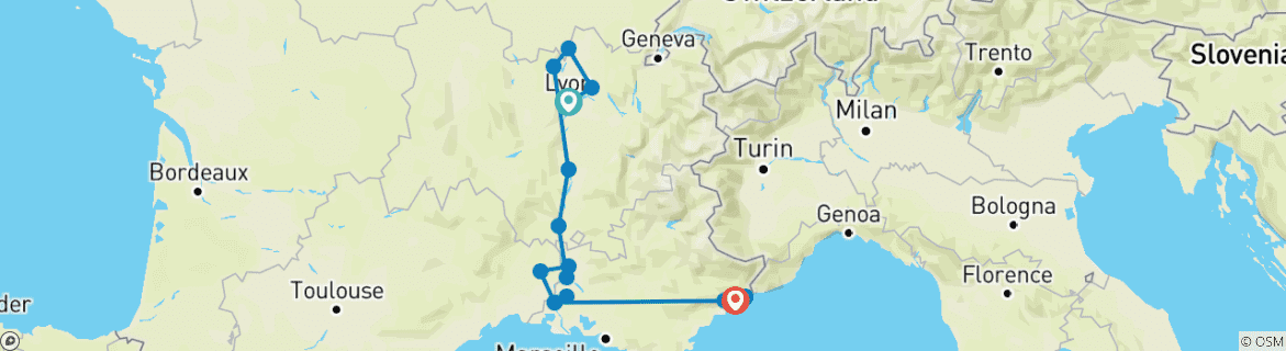 Image of a map showing the route of the tour