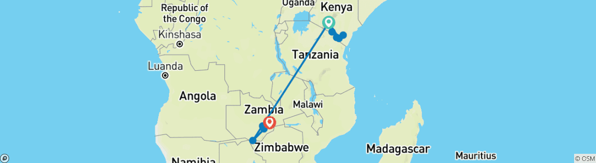 Image of a map showing the route of the tour