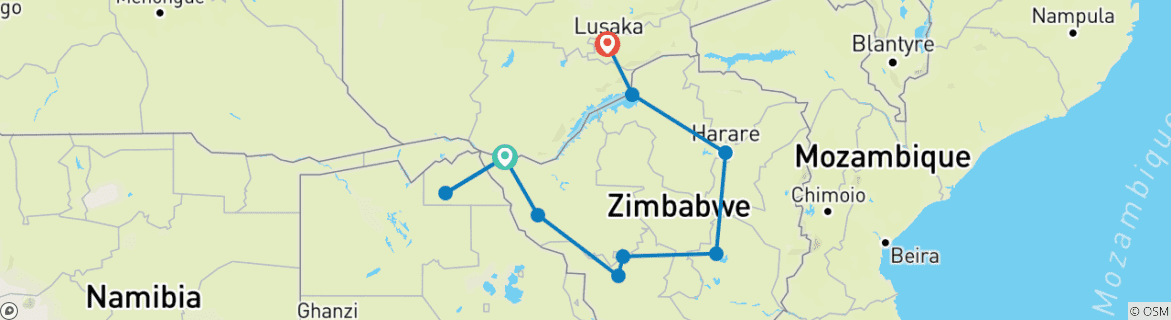 Image of a map showing the route of the tour