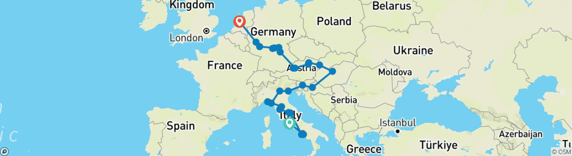 Image of a map showing the route of the tour