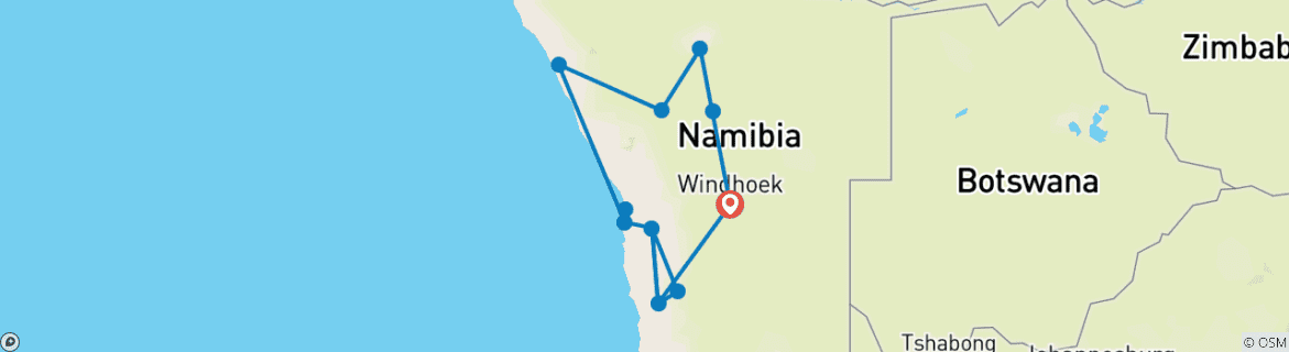 Image of a map showing the route of the tour