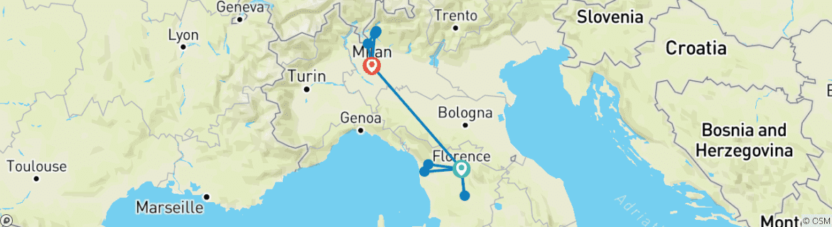 Image of a map showing the route of the tour