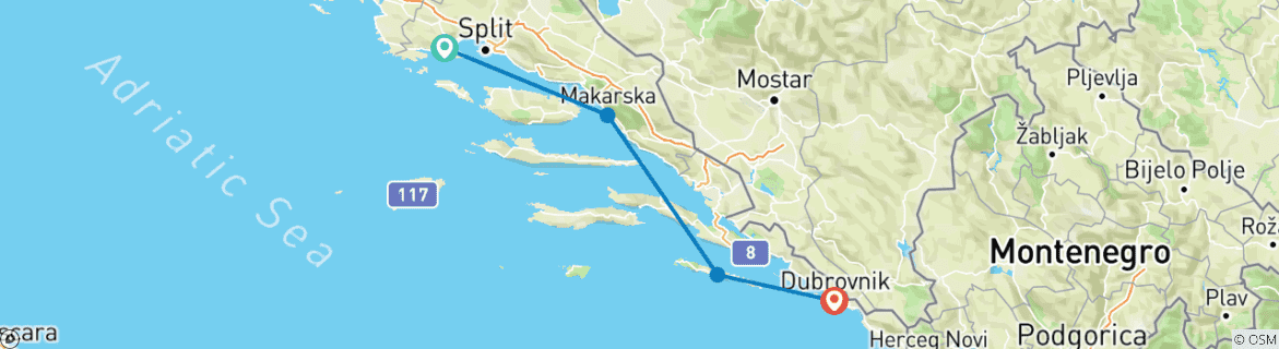 Carte du circuit Mini-croisière classique aller simple | Trogir - Dubrovnik (2 nuits)