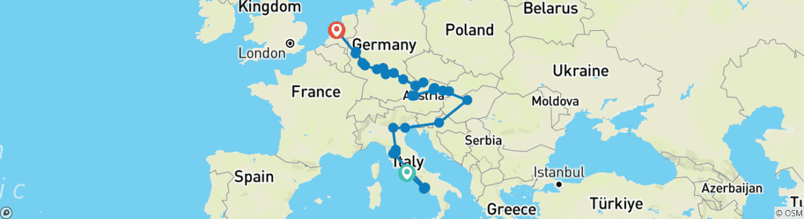 Image of a map showing the route of the tour