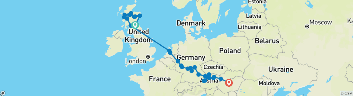 Image of a map showing the route of the tour