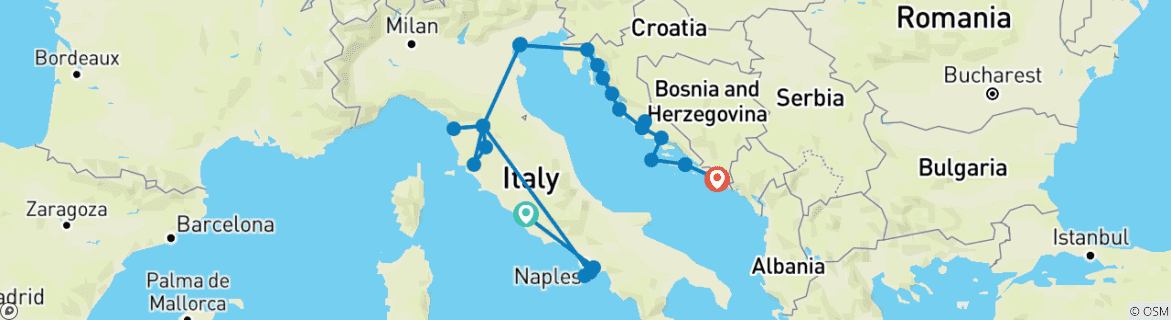 Image of a map showing the route of the tour