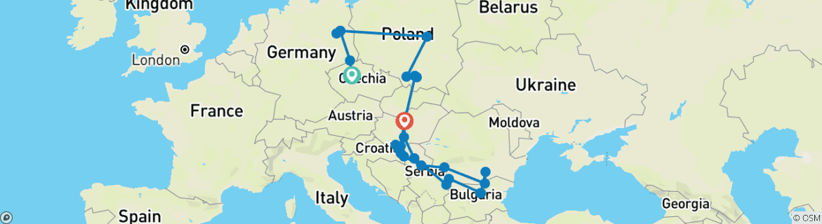 Image of a map showing the route of the tour