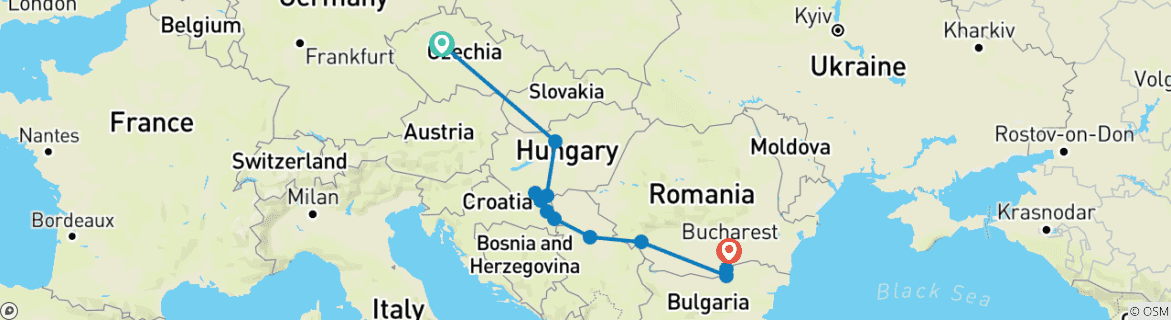 Image of a map showing the route of the tour