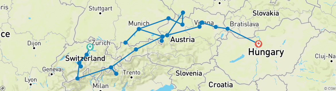 Image of a map showing the route of the tour