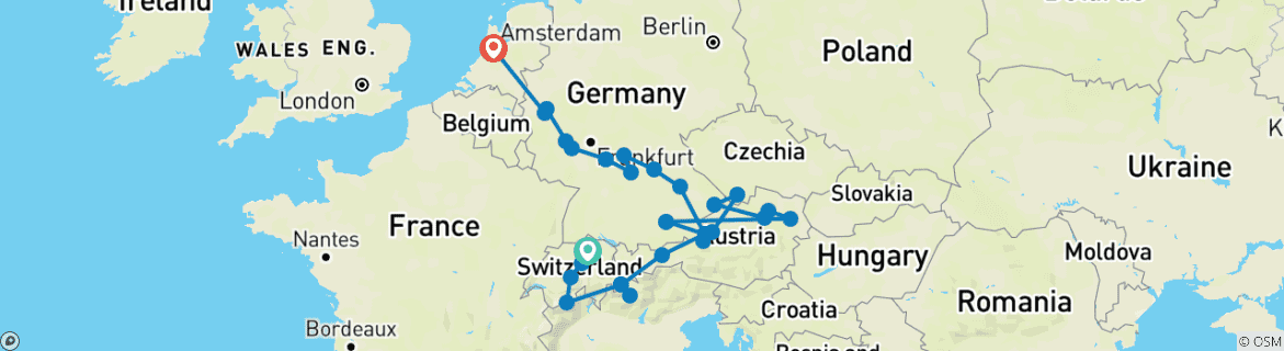 Image of a map showing the route of the tour