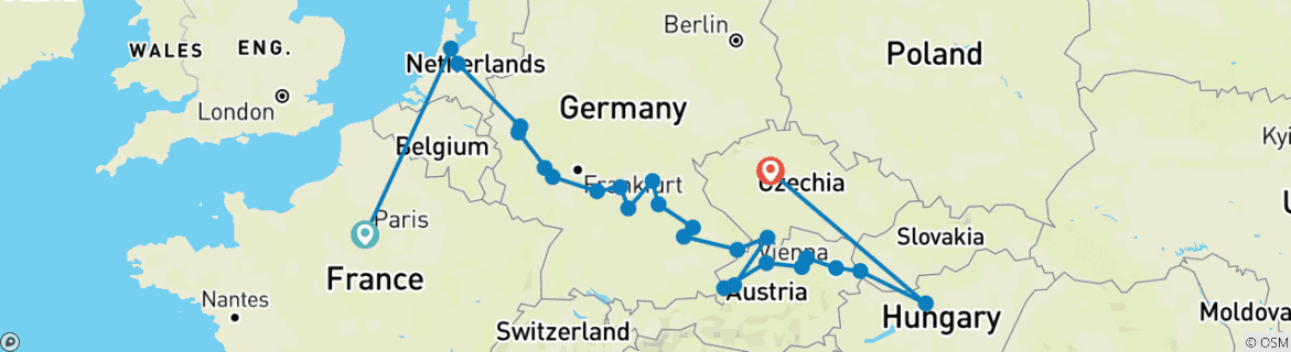 Image of a map showing the route of the tour